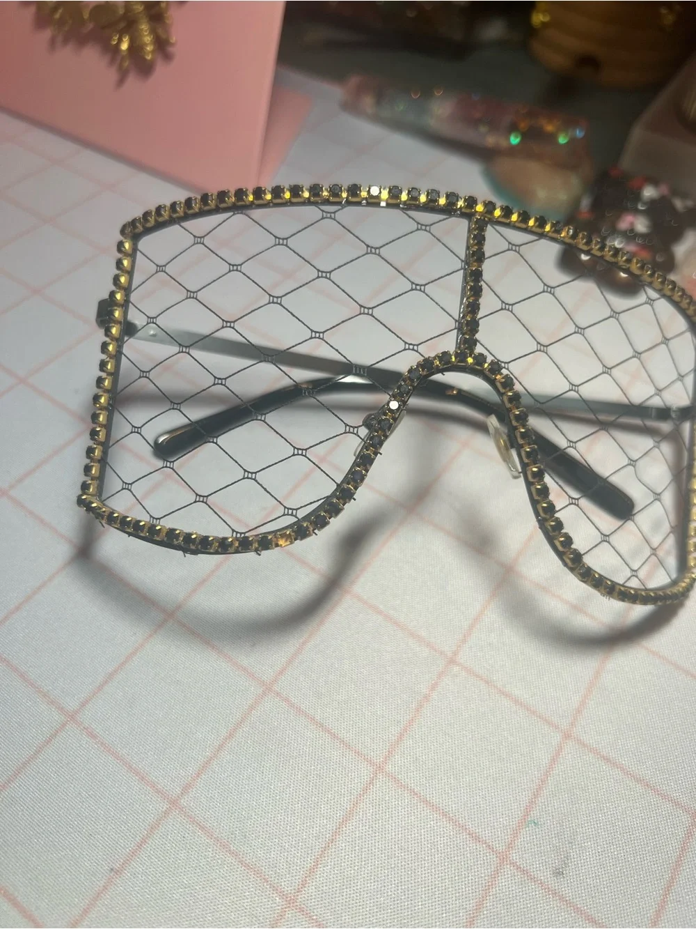 Black Mesh Shield Sunglasses with Gold Stud Trim - Picture 2 of 2
